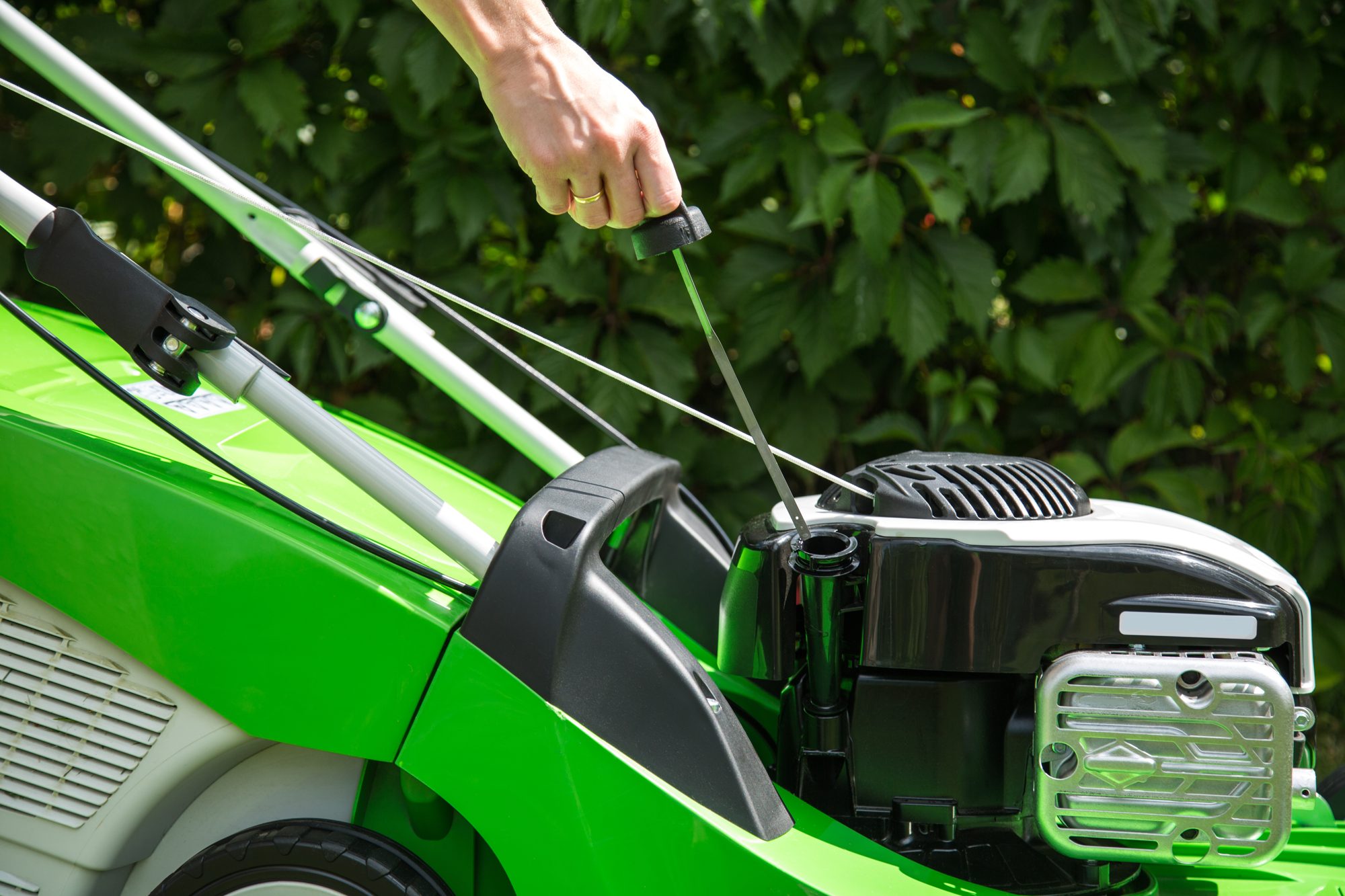 Mowing a healthy green lawn